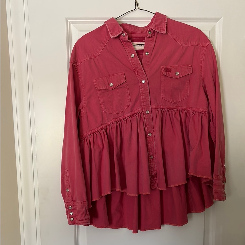 We The Free Pink Button Down Notched Collar Blouse